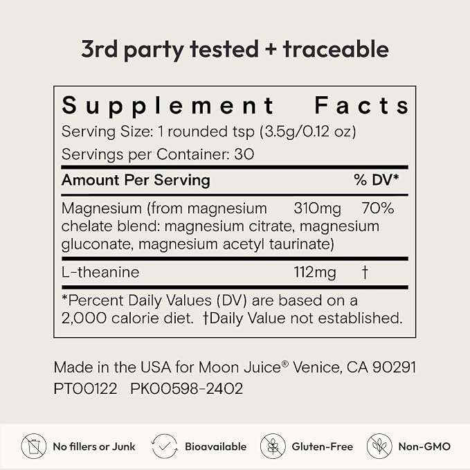 Moon Juice Magnesi-Om Magnesium Powder Supplement - Chelated Magnesium Complex + L-Theanine Blend for Rest, Relaxation & Regularity - Vegan, Non-GMO & No Sugar, Unflavored, 3.9 oz, 30 Sevings