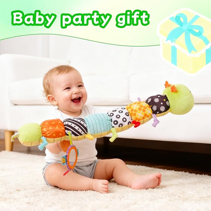 2026 Upgraded Baby Musical Plush Caterpillar Toy - Soft Sensory Toy for 0-12 Months, Tummy Time & Head-Lifting Support with Rattle, Rustling Sounds & Mirror, Ideal Baby Shower Gift