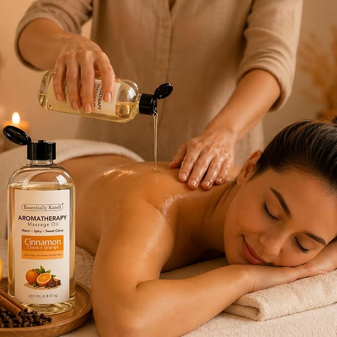 Aromatherapy Massage Oil – Cinnamon, Clove & Orange – Lightweight, Non-Greasy Body Oil with Fractionated Coconut Oil – Warming, Uplifting – 8 fl oz