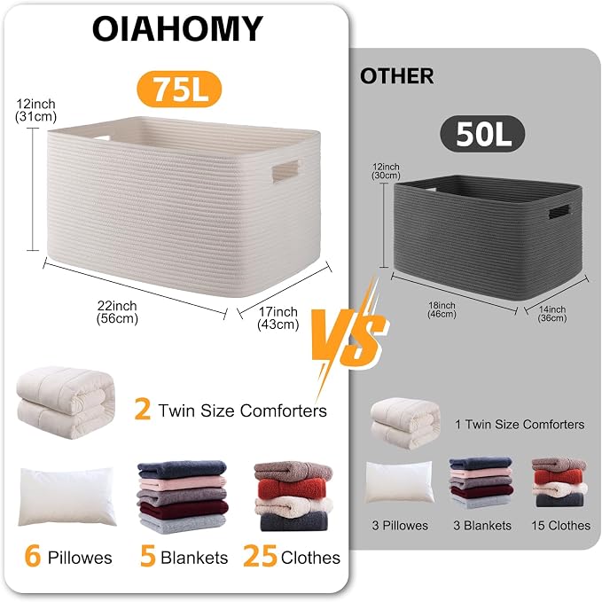 OIAHOMY 75L Large Blanket Basket, Woven Cotton Rope Baskets for Organizing, 22”x17”x12”, Blanket Basket living Room, Bedroom, Nursery, Dog Toy Storage Bins, White