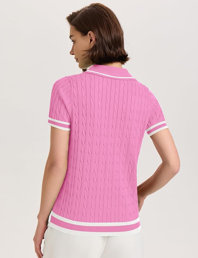 Micoson Womens Short Sleeve Sweater Tops Lapel V Neck Polo Shirts 2026 | Summer Cable Knit Loose Blouses, Business Casual Outfits