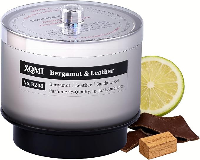 Smart Scented Candle Replaceable Refill with smart chip, Bergamot & Leather, 4.25oz Large Jar with up to 35 Hour Burn, Giftable