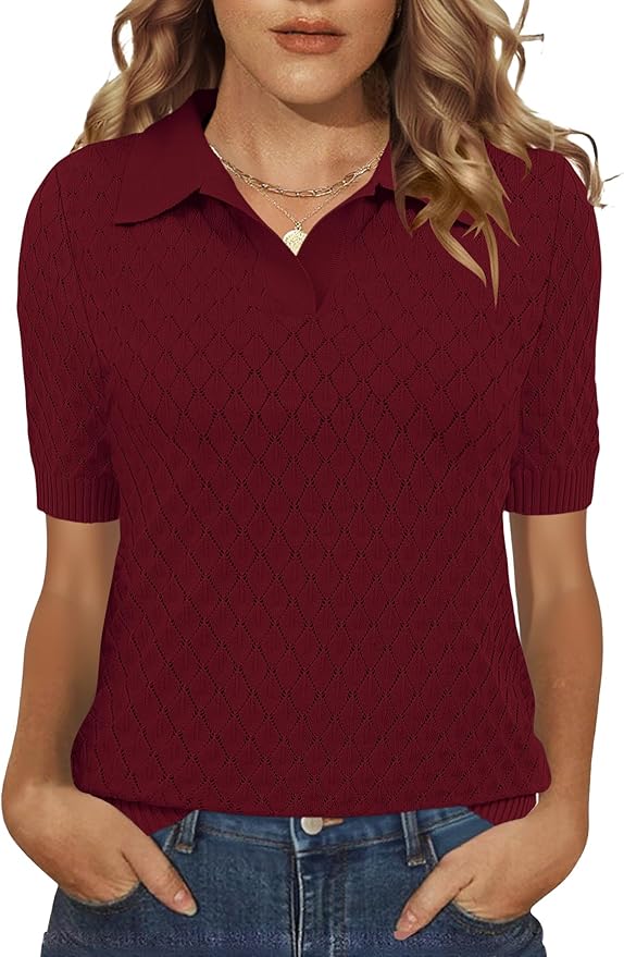 Rapbin Womens Short Sleeve Knit Polo Shirts Summer Spring Sweater Tops | Classic V Neck Collared Shirts Lightweight Business Casual Basic Fashion Pullover Polo Sweater for Work Formal Daily Wear