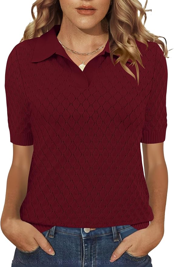Rapbin Womens Short Sleeve Knit Polo Shirts Summer Spring Sweater Tops | Classic V Neck Collared Shirts Lightweight Business Casual Basic Fashion Pullover Polo Sweater for Work Formal Daily Wear