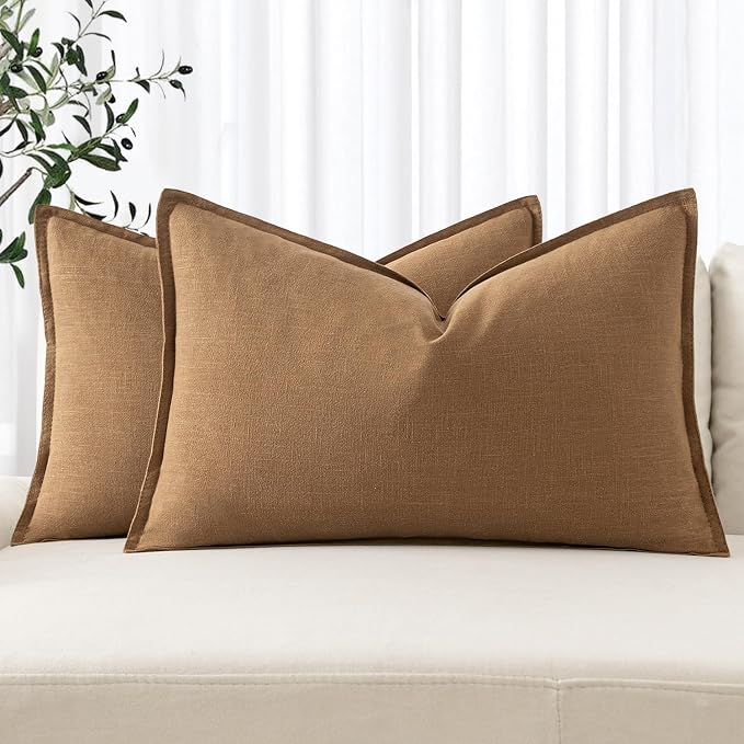MIULEE Decorative Linen Lumbar Pillow Covers 12x20 Inch Brown | Boho Farmhouse Fall Autumn Couch Throw Pillows for Bed, Pack of 2 Accent Modern Pillowcases, Sofa Livingroom Home Decor