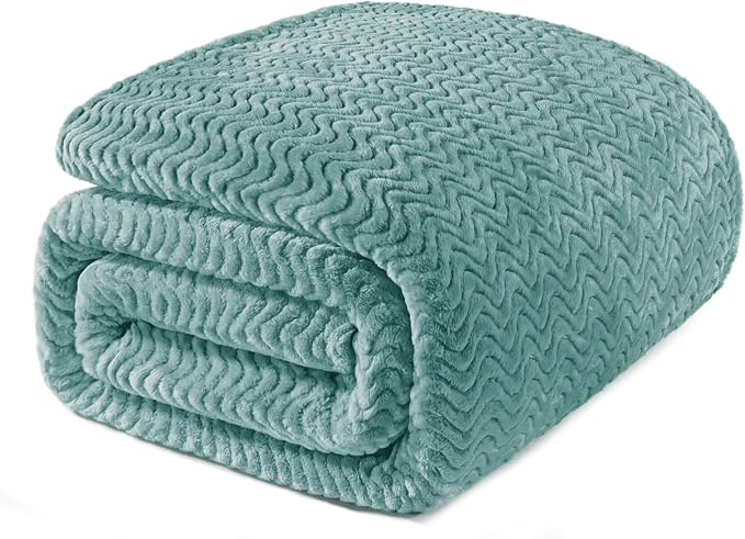 Exclusivo Mezcla Soft Fleece Blanket Queen Size for Bed, Sofa, Celadon | 90"x90" Breathable Lightweight Flannel Blanket for Summer, Plush Cozy Jacquard Wave for Home Decor