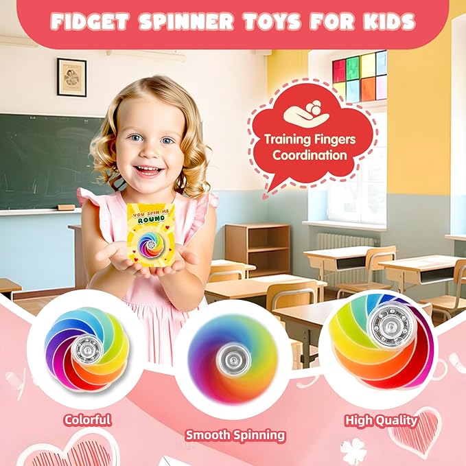 SpringFlower Valentines Day Cards For Kids Classroom With Fidget Sensory Spinner Toys For Valentines Party Favors Supply, Classroom Gift Exchange For Kids Classmates Gift Cards Prizes, 24 Pack