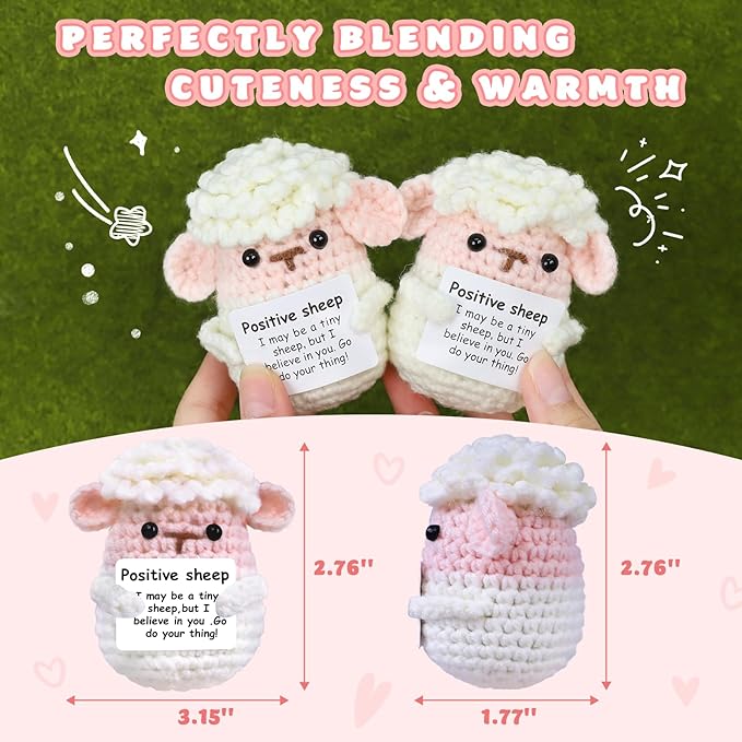 PARTY TONIGHT Positive Crochet Sheep with Affirmations Cards Sheep Gifts,Mini Knitted Positive Crochet Animals Lamb Emotional Support Crochet Sheep for Motivational Gift Sheep Decor