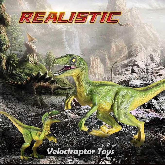 JR PARK 2Pcs Dinosaur Toys, 15.5″ Large Velociraptor Green Dinosaur Action Figure, Realistic Dinosaurs Toys Gifts for Boys Girls, Birthday Gifts Christmas Decor