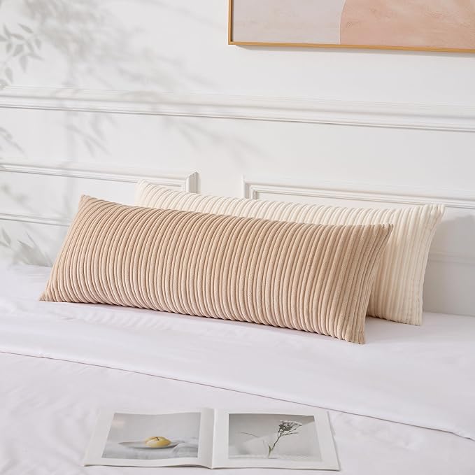 UGASA 14x36 Inch Pillow Cover Pack of 1 Soft Boho Stripe Corduroy Large Long Rectangular Lumbar Cushion Cover Farmhouse Decorative Throw Pillowcase for Bed, Couch, Sofa, Bedroom, Living Room, Beige