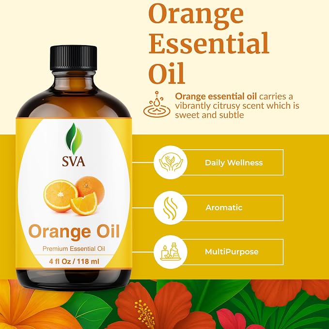 SVA Orange Essential Oil 4 Fl Oz – for Diffuser, Skin & Hair Care – Ideal for Massage & DIY Blends - with Dropper