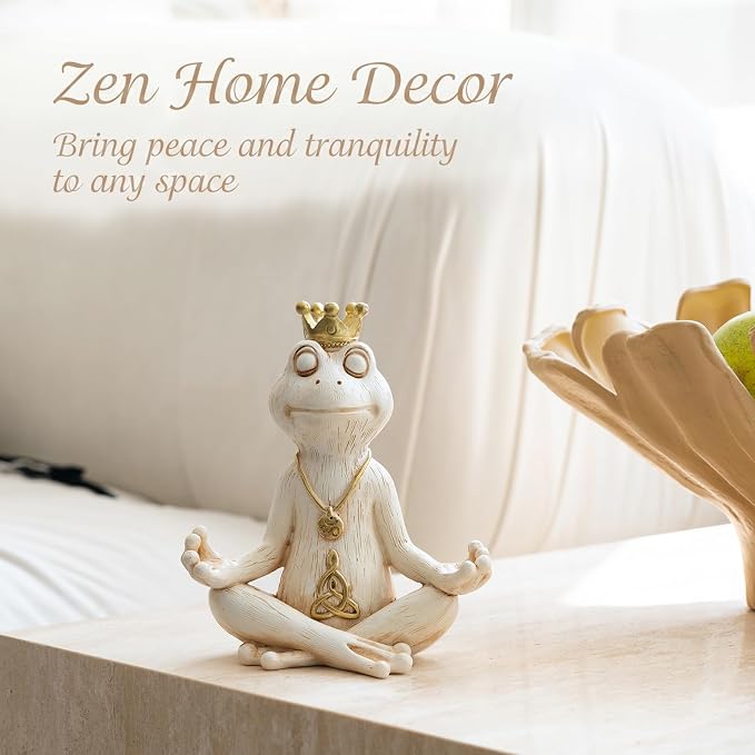 Meditating Zen Frog Statue Decor with Bonus Om Necklace - 5.8" Hand-Painted Resin Figurine - Yoga Room, Office Desk & Shelf Ornaments - Mindful Spiritual Gift for Women & Yoga Lovers (White)