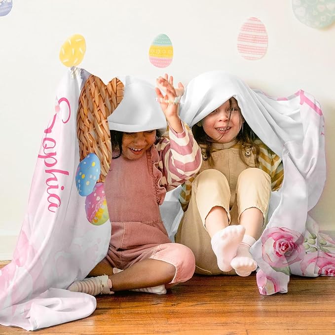 Ships Next Day - Personalized Baby Blanket with Name, Easter Bunny Blanket Gifts for Girls Boys, Custom Flannel Name Blanket, Personalized Easter Gifts for Kids Toddlers