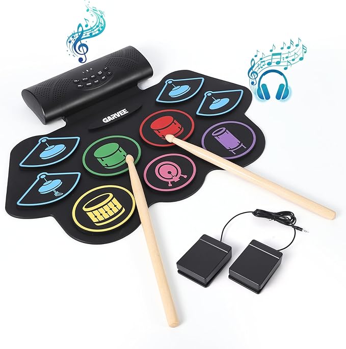 9 Pads Bluetooth Electric Drum Set, Portable Roll Up Electronic Drum Pad with Headphone Jack, Pedals & Sticks, Recording Function, Great Holiday Xmas Birthday Gift for Kids