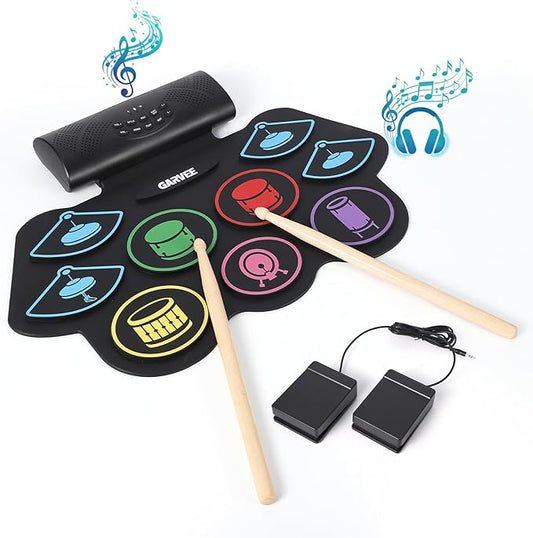 9 Pads Bluetooth Electric Drum Set, Portable Roll Up Electronic Drum Pad with Headphone Jack, Pedals & Sticks, Recording Function, Great Holiday Xmas Birthday Gift for Kids