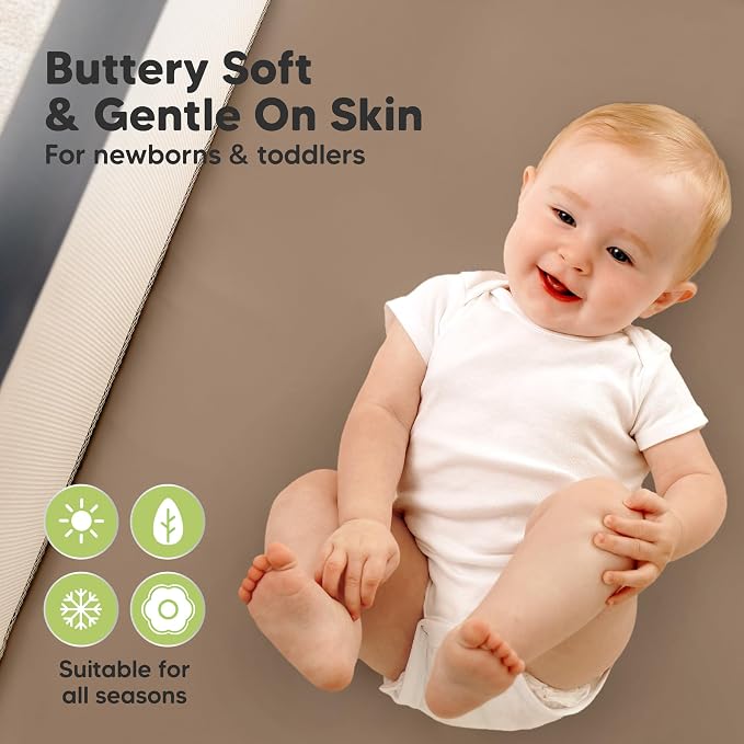 2-Pack Waterproof Pack and Play Sheets, Mini Crib Sheets Fitted for Boy, Girl - 38 x 26 Viscose from Bamboo Pack N Play Mattress Sheets for Graco, Toddler Playard Baby Crib Sheets Neutral (Latte)