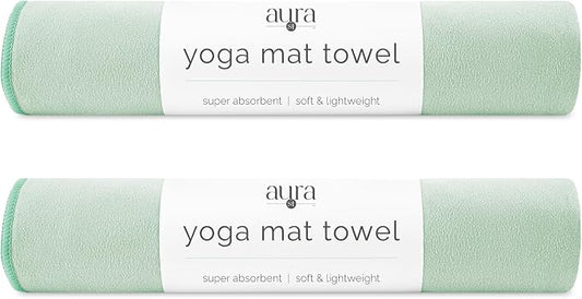 S&T INC. Aura Yoga Mat Towel, Quick Dry Towel, Soft and Absorbent for Gym, Pilates, and Hot Yoga Mat, 2 Pack, 26.5 inches x 72 inches, Microfiber, Sage Green