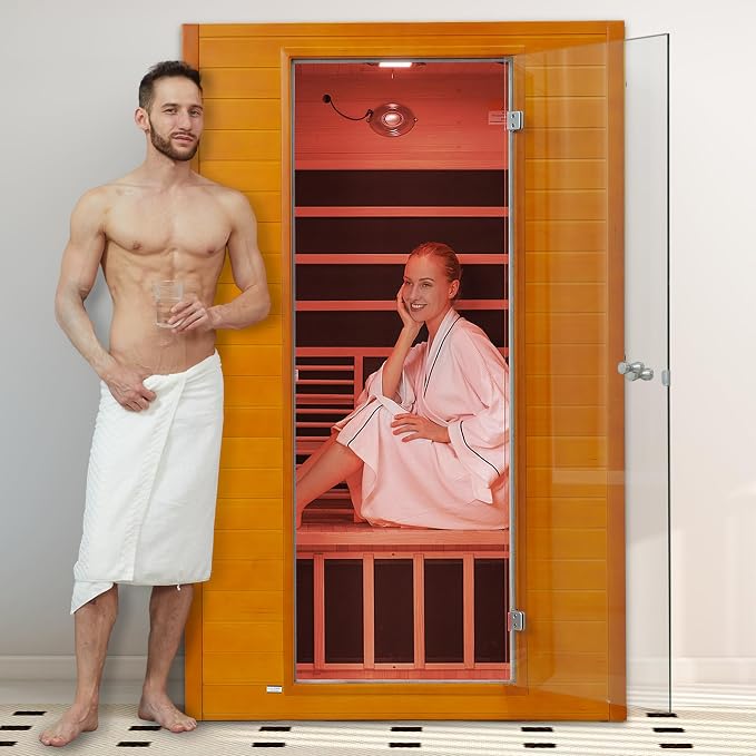 springspa Far Infrared Sauna for Home, Home Indoor Infrared Sauna for 2-Person, Canadian Hemlock Wood Sauna Room with Low Emf Red Light Therapy, 9 Chromotherapy Lights, Bluetooth Speakers