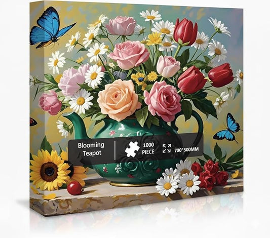 1000 Pieces Jigsaw Puzzles for Adults, Floral & Bird Series - Exquisite Nature Art & Seamless Fit, Calming Brain Teaser, Large 28" x 20", Great Gift for Garden Lovers（Blooming Teapot）