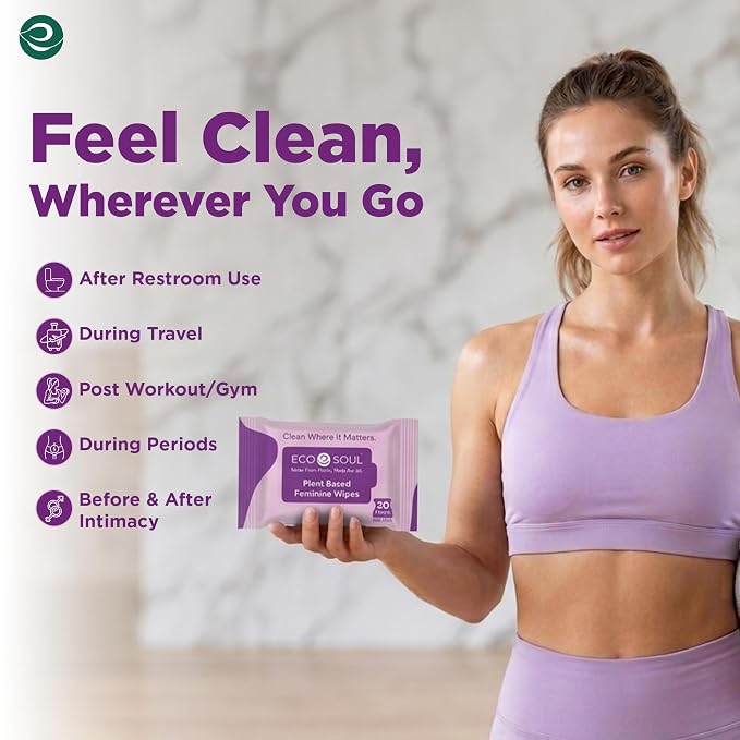 ECO SOUL Plant-Based Feminine Hygiene Wipes (30 Count, Pack of 4) Dermatologist Tested pH Balanced Intimate Cleansing Wipes FSC-Certified Alcohol-Free, Paraben-Free, Fragrance-Free & Hypoallergenic