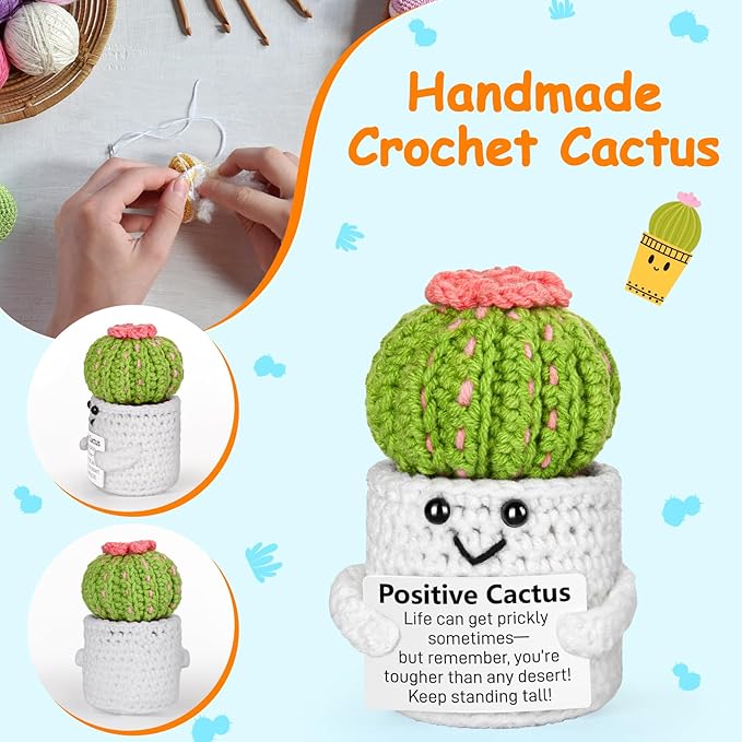 Emotional Support Crochet, Positive Crochet Cactus, Encouragement Gifts for Women Men Birthday Christmas Self Care Friends Coworkers Relaxation Gift Desk Home Fall Decor Inspirational Support