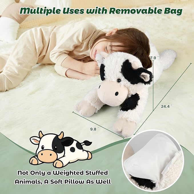 Bobbie & Laxi 24" & 4.5 lbs Weighted Cow Stuffed Animal, Adjustable Sitting & Laying Plush Toy Pillows with Removable Ceramsite Bag for Companion, Cuddly & Soft Gifts for Adults, Kids, Boys and Girls