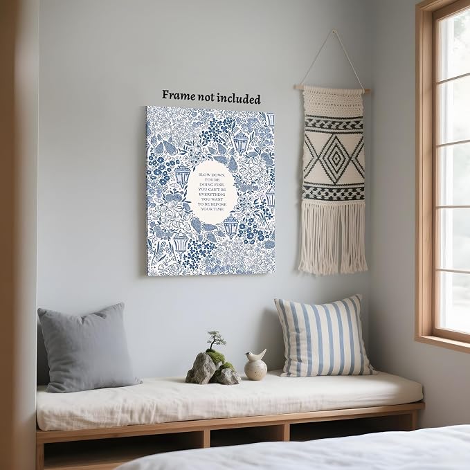 LEKDRA Slow Down You're Doing Fine Music Poster Motivational Song Lyric Blue Wall Art Vintage Positive Quote Daily Reminder Floral Canvas Print for Office Bedroom Home Decor 12x18inch Unframed