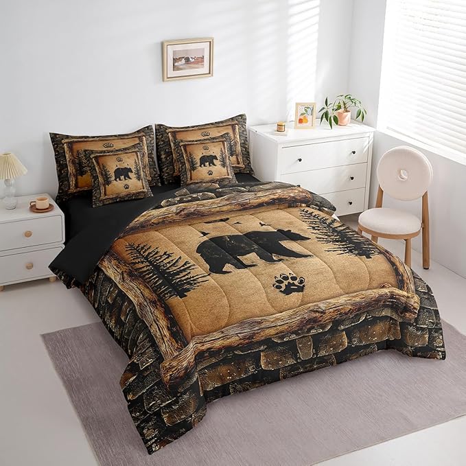 Feelyou Kids Rustic Bear 7 Piece Bedding Set Twin Size Farmhouse Forest Animal Black Bear Comforter Set with Sheets Boys Girls Hunting Country Brown Bed in a Bag