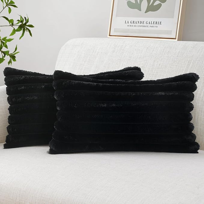 MIULEE Faux Fur Lumbar Decorative Throw Pillow Covers 12x20 Set of 2 Black | French Modern Soft Plush Couch Pillows, Cozy Fluffy Cushion Covers for Sofa Bed Living Room Home Decor