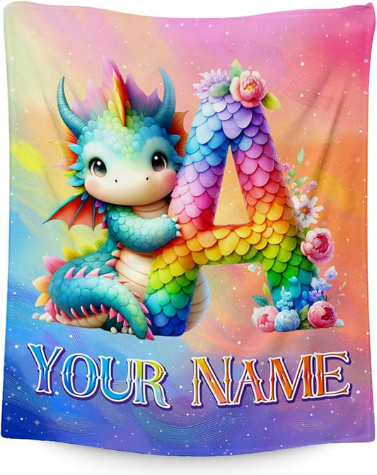 Custom Blanket with Name for Girls & Boys - Dragon Blankets Gifts for Dragon Lovers - Personalized Initial Throws for Daughter Son - 60"x80" Kids Throw for Bed, Living Room