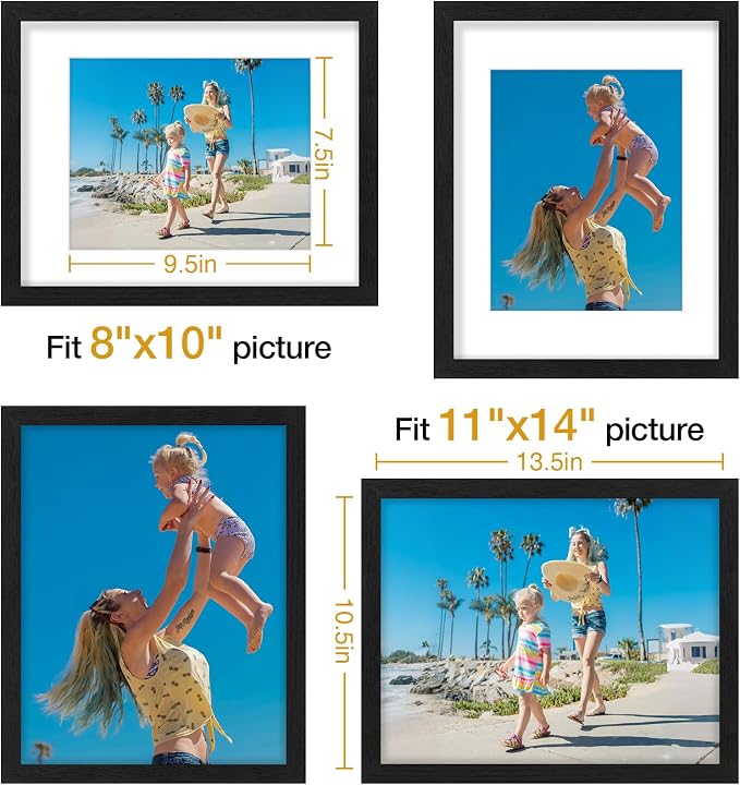 Vittanly 11x14 Picture Frames Set of 9, Black&Brown&Dark Grey | Display Pictures 8x10 with Mat or 11x14 without Mat, Engineered Wood with Shatter Resistant Plexiglass, Gallery Photo Frames