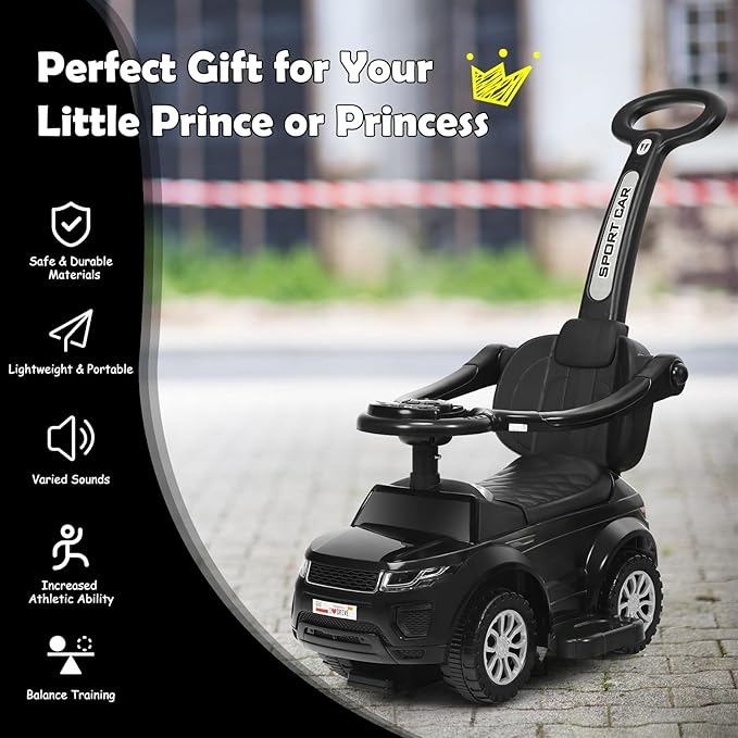 GLACER Push Cars for Toddlers 1-3, 3-in-1 Kids Sliding Car with Detachable Guardrail, Horn, Music, Lights, Storage Box and Anti-Roll Design, Ride on Push Car for Boys Girls (Black)