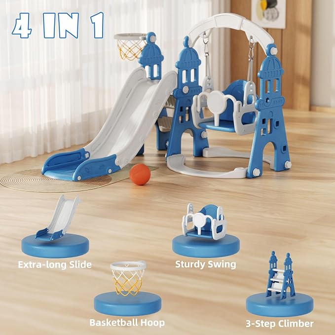 XJD 5-in-1 Toddler Slide and Swing Set, Kids Slide for Toddlers Age 1+, Toddler Outdoor Playset with Basketball Hoop, Swing, Outdoor Indoor Playground for Toddlers 1-3 (Blue)