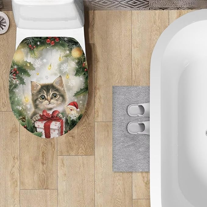 Christmas Cat Fuzzy Toilet Seat Cover for Xmas Decor Bathroom Accessory Soft Toilet Tank Cover for Trip Dustproof Motorhome Bathroom Accessory Universal Fit Oval