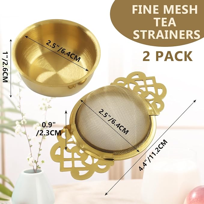 2 Pack Fine Mesh Tea Strainers with Drip Bowls, Stainless Steel Loose Leaf Tea Filter, Double Wing Handles for Mugs & Cups 2.5-4 Inch Mouth, Gold