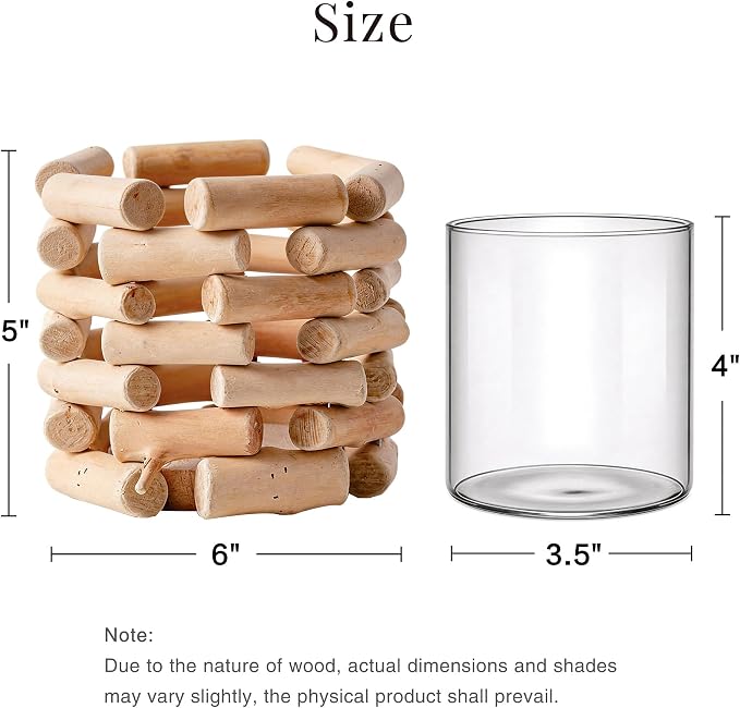 Solid Wood Openwork Vase - Farmhouse Tabletop Decor, with 3.5 Inch Borosilicate Glass Insert, Versatile Small Planter for Fresh Flowers, Dried Blooms & Hydroponic Plants