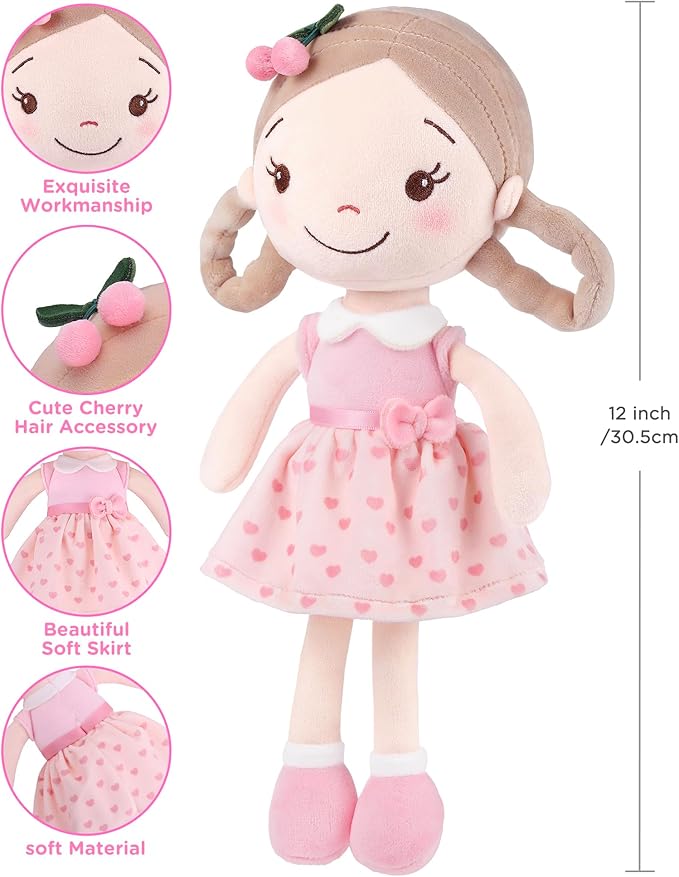 Soft Plush Baby Doll for Girls (12") - My First Baby Doll Gift for Girls, Toddlers & Infants, Machine Washable Rag Doll Toy - Cherry Girl