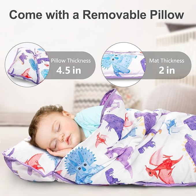Primlect Thickened Toddler Nap Mat with Removable Pillow and Minky Blanket, Extra Large 55''x35'' Sleeping Bag, Washable, Roll up, Perfect for Daycare, Preschool, Kindergarten, Boys and Girls Dinosaur