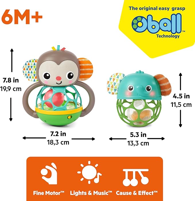 Bright Starts Giggle & Rattle Gift Set - Musical & Sensory Baby Toys 2-Pack, Elephant & Monkey, Unisex, Newborn+