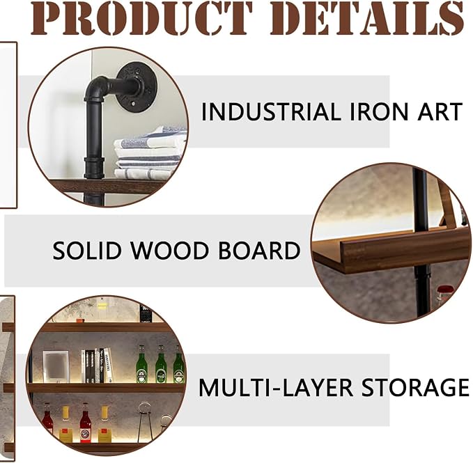 55.1in Wall Mounted Wine Rack with LED Light Solid Wood | 3-Tiers Liquor Bottles Floating Shelves Display Storage Organizer for Home Bar & Dining Room