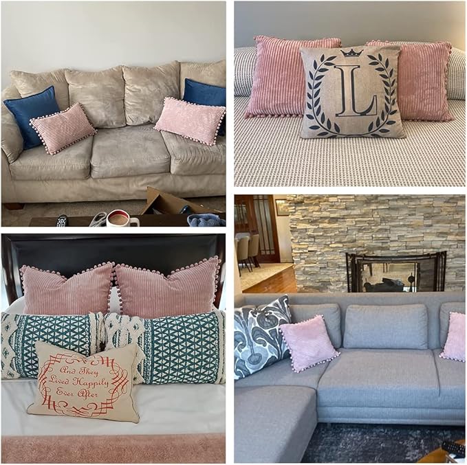 Fancy Homi Set of 2 Blush Pink Decorative Throw Pillow Covers 14x14 Inch with Pom-poms for Couch Bed Sofa, Modern Farmhouse Boho Home Decor, Soft Plush Corduroy Cute Cushion Case 35x35 cm