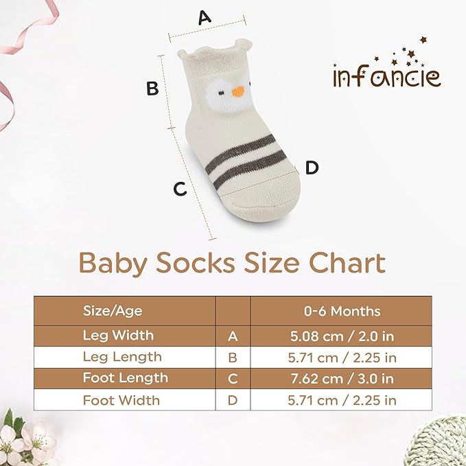 Organic Cotton GOTS Certified Non-Slip Baby Socks 0-6 Months - 7 Pairs Soft Breathable Newborn Socks Animal Design For Infant
