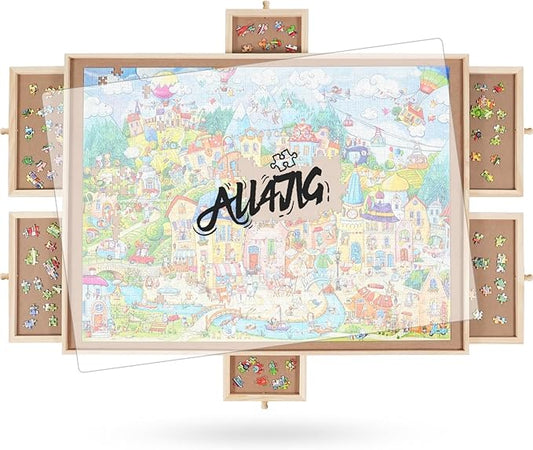ALL4JIG 1500 Pieces Rotating Puzzle Board with 6 Drawers and Cover,25"x34"Portable Wooden Jigsaw Puzzle Table for Adults,Lazy Susan Spinning Puzzle Boards Birthday Gift for mom
