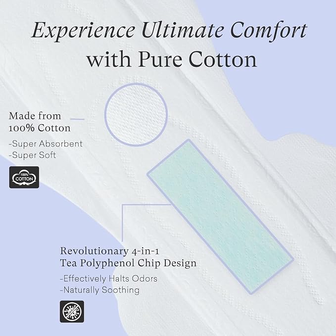 PurComfy Teens Maxi Period Pads with Wings for Tweens, Organic Cotton Sanitary Pads for Teens Girls 9-14, Long Overnight Size, 90 CT
