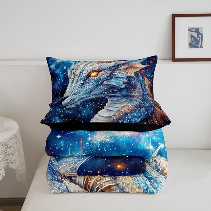 Feelyou Dragon Comforter Set Full Size Dragon Stuff Comforter for Boys Girls Teens Wild Life Bedding Set Dragon Decor Duvet Set Room Decor Blue Quilt Set