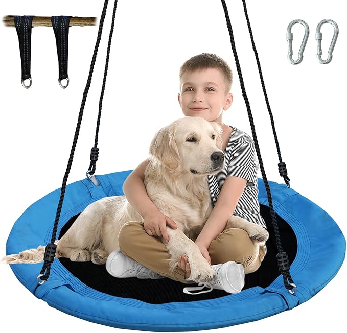 40 Inch Saucer Tree Swing for Kids & Adults – Large Round Disc Swing, 700 lb Weight Capacity with Hanging Straps & Adjustable Ropes for Playground, Backyard & Swingset (Blue)