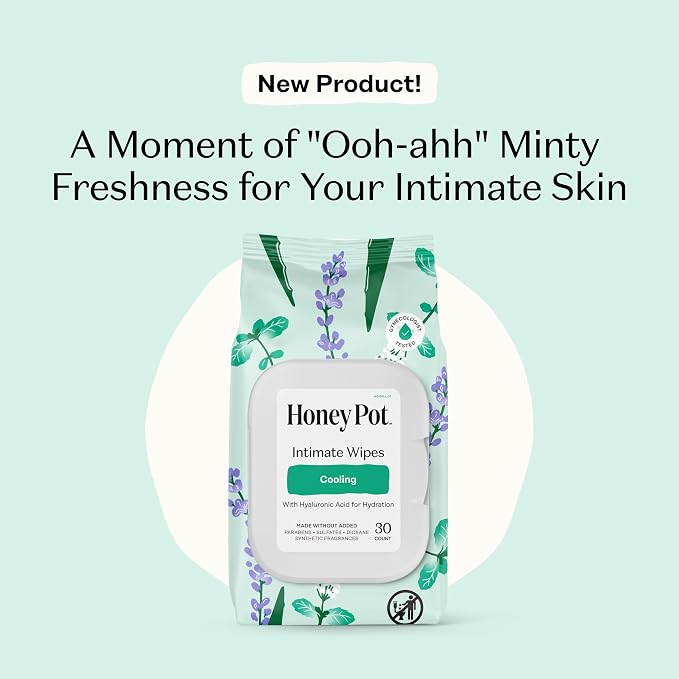 The Honey Pot Company - Feminine Wipes - Cooling - Cooling Tingle Effect - Herbal Infused w/Mint, Aloe Vera, Lavender - pH Balanced Feminine Care for Sensitive Skin - Cleansing Wipes for Women - 30ct