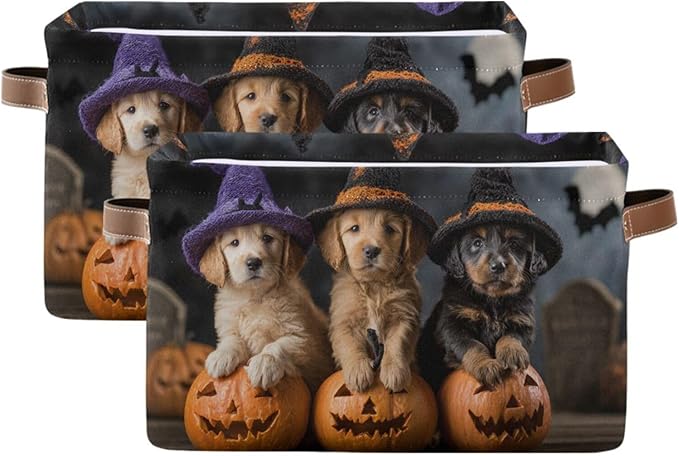 Aslsiy Storage Basket Puppies Witch Hat Pumpkin Halloween Nursery Bins Baby Box Canvas Clothes Shelf Basket Laundry Hampers 2 Pcs