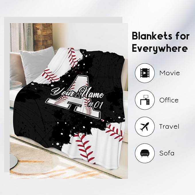 Personalized Baseball Blanket - Custom Initial Name Gifts for Boys - Soft Sports Flannel Throw for Kids Son - 40x50 Inches Small Blanket - Cool Ideas Decoration for Baseball Lovers