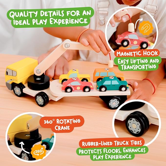 Nene Toys Magnetic Car Loader with 4 Cars and 1 Semi-Trailer Wooden Truck for Kids 3+ Year Old - Interactive Crane Wooden Toy - Vehicle Toys for Boys Girls - Educational Toy for Toddlers Ages 3+